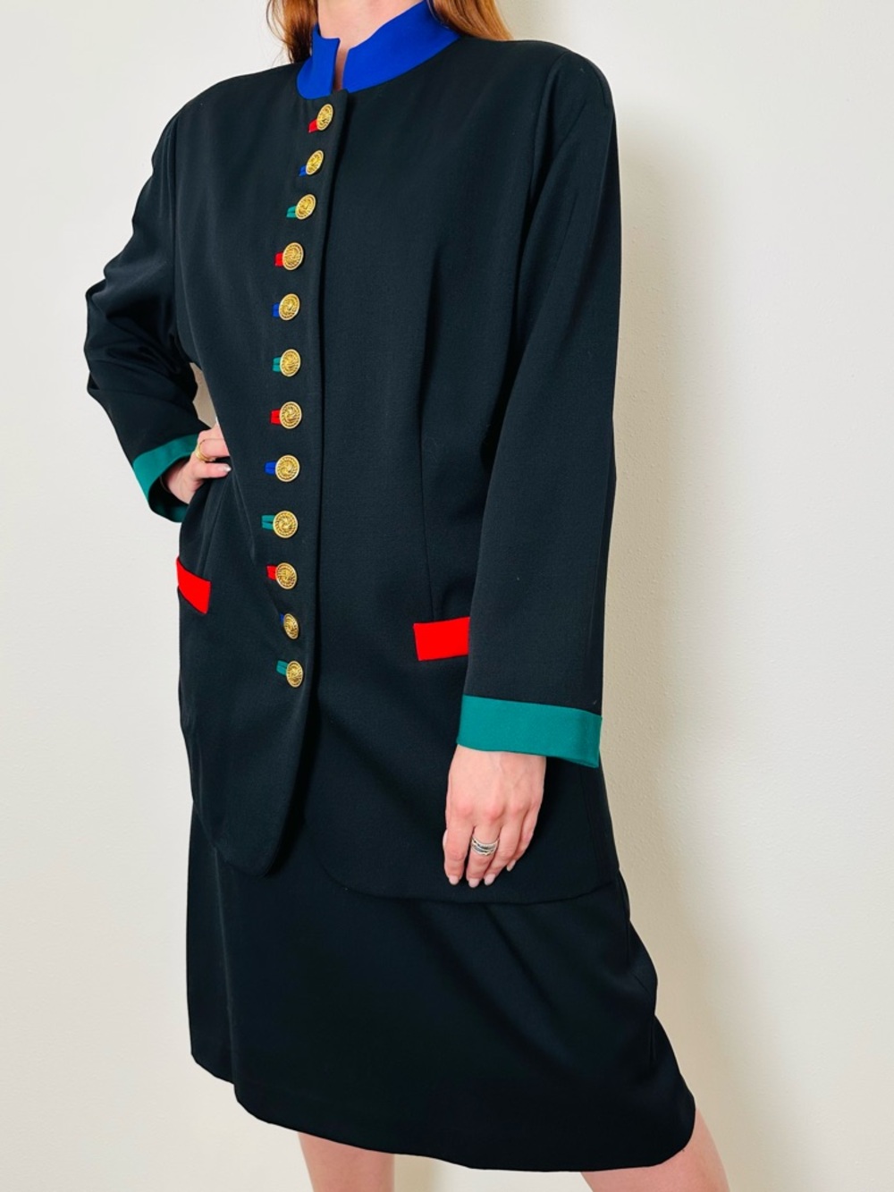 Vintage Bloomingdale's Wool Skirt Jacket Suit Colorblock Gold Buttons 80s 90s